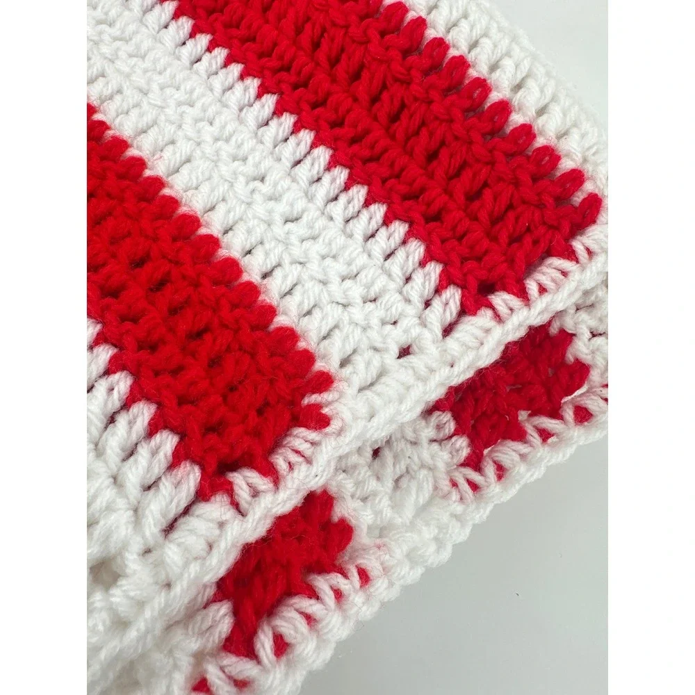 Handmade Crochet Afghan Blanket Red White Christmas Candy Cane Striped 24x40